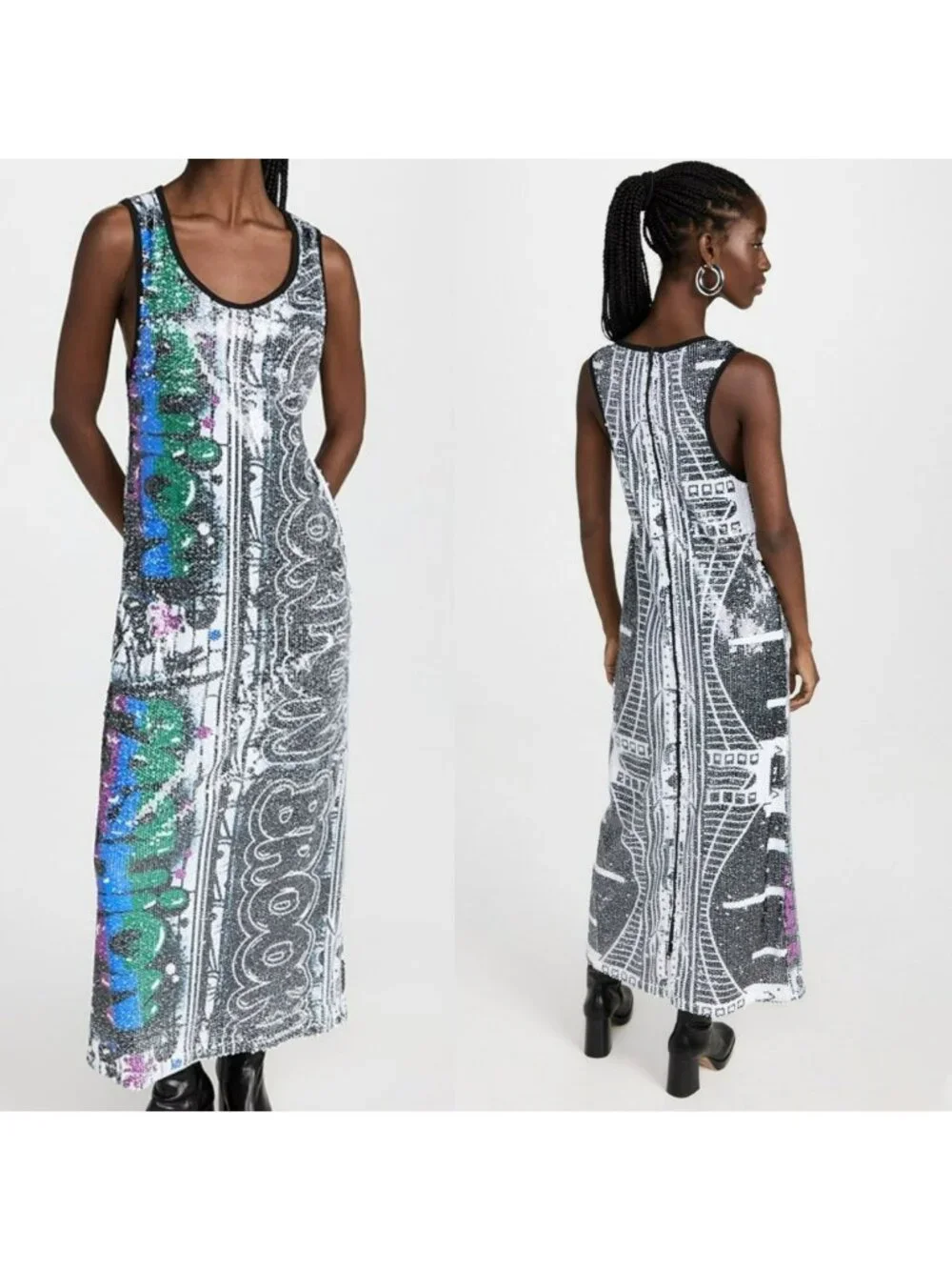 Kimberly Goldson $698 Dress Sequin Black White Brooklyn Graffiti Print Maxi - Picture 1 of 16